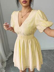 Modelyn 女款優雅條紋印花泡泡袖短洋裝，適合春夏穿著 - 黃色 - 查看 2