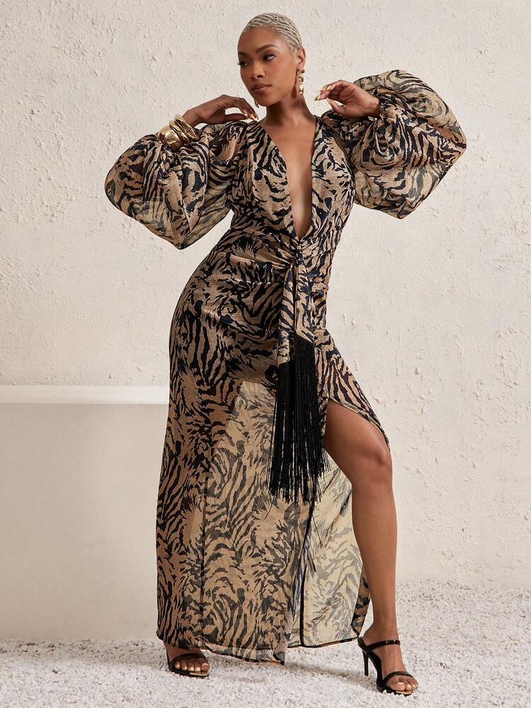 Vixey Zebra Print Textured Chiffon Plunging Deep V Neck Fringe