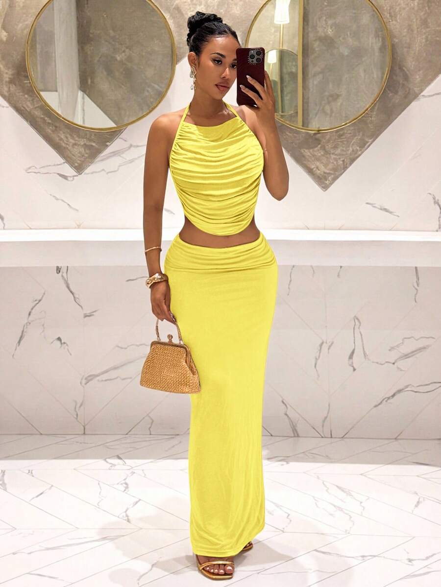 Slaydiva 夏季新品:生日派對、返校、學院風、學生穿搭、休閒出遊、基本百搭單品、休閒、度假、郵輪旅行、海灘、海邊、曬日光浴、單品、街頭風、性感優雅、掛脖荷葉邊吊帶上衣、中長裙、卡其色女款兩件套 - A - 黃色 - 查看 1