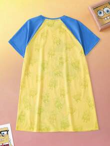 SpongeBob SquarePants | SHEIN Tween Girl Cartoon Print Raglan Short Sleeve Loungewear Dress - Yellow - View 2