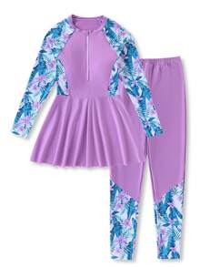 SHEIN Teen Girls Tankini Bikini Set,Pink,Summer,Beach,Holiday,Holiday,Lavender Purple Tropical Floral Leaf Raglan Sleeve Crew Neck Front Zipper Shorts 2pcs - Purple - View 3
