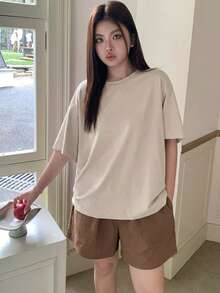 Dazy Plus 2件組休閒居家服套裝，寬鬆短袖上衣與鬆緊腰短褲，春夏季大尺碼女款睡衣 - 杏色 - 查看 7