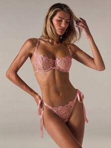 SHEIN BAE 2pcs Sky Blue Embroidered Lace-Up Lingerie Set For Women - Watermelon Pink - View 6