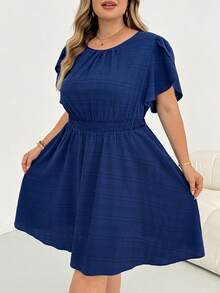 SHEIN CURVE+ Robe mi-longue à manches en pétale et taille cintrée pour femmes grandes tailles - Bleu azur - Voir 7