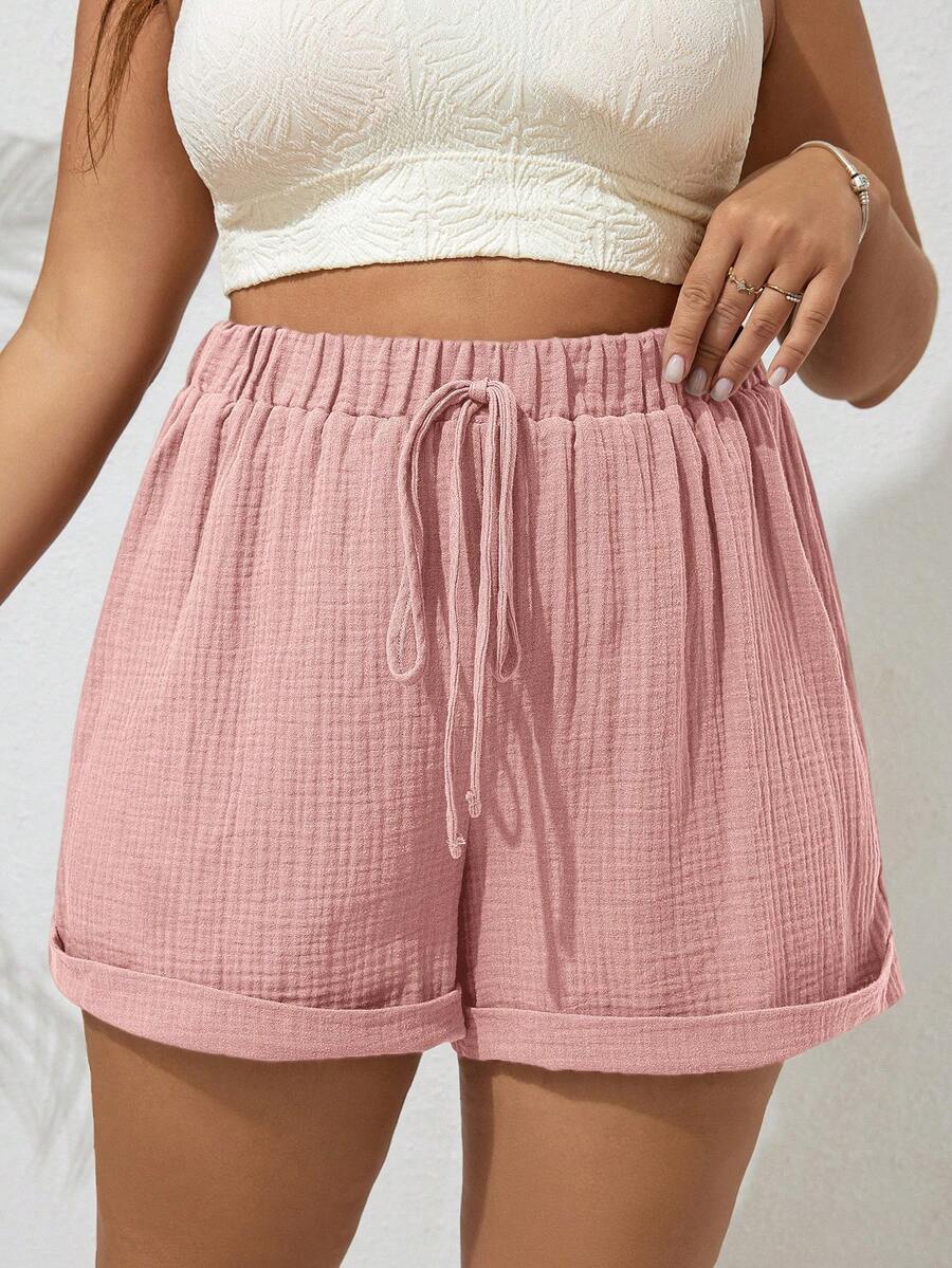 SHEIN VCAY Pantalones cortos de talla grande de unicolor con dobladillo enrollado y cordón - Rosa - Ver 1