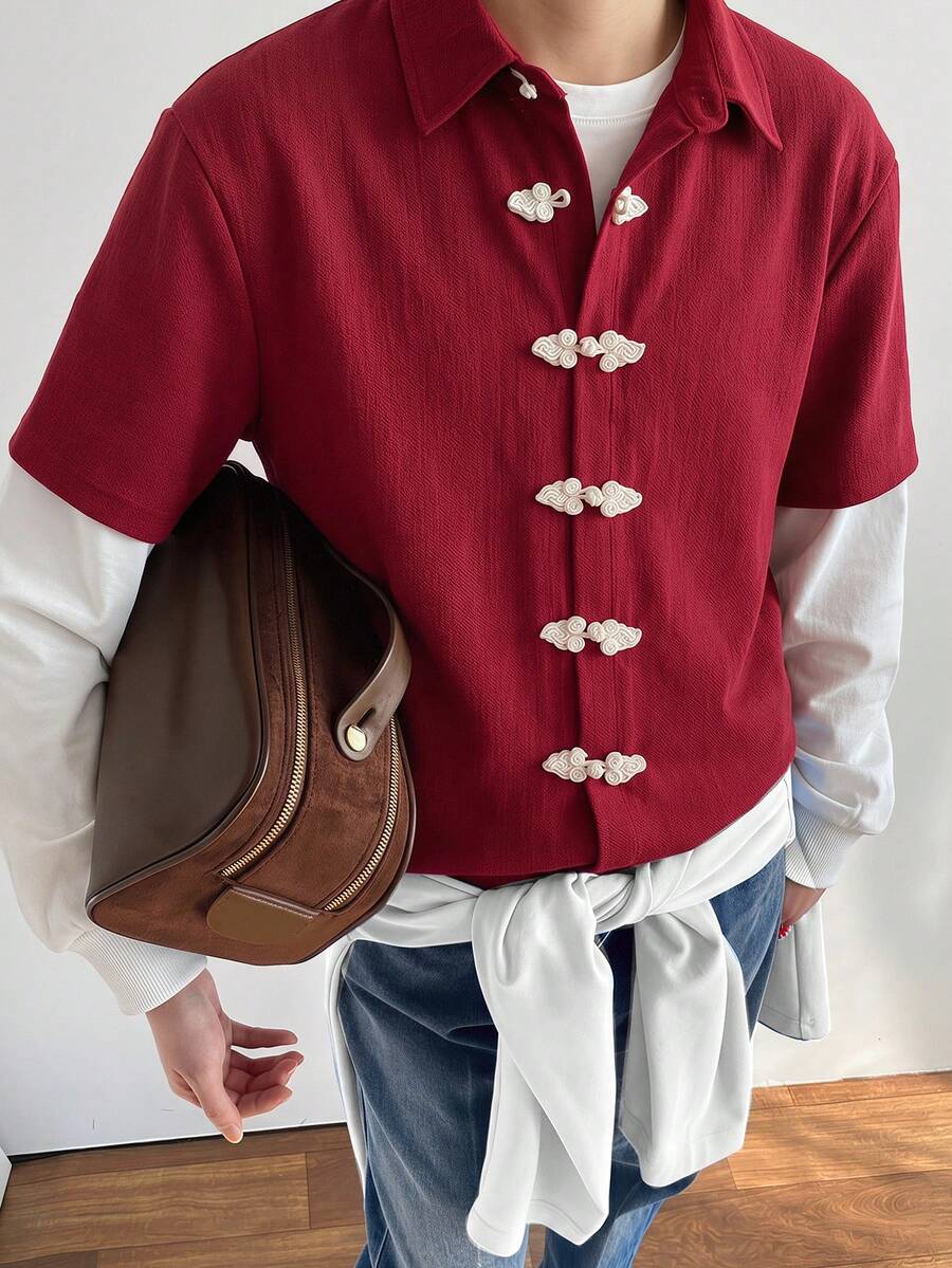 SWAVVY Men's 2 In 1 Button-Down Shirt - Red - View 1
