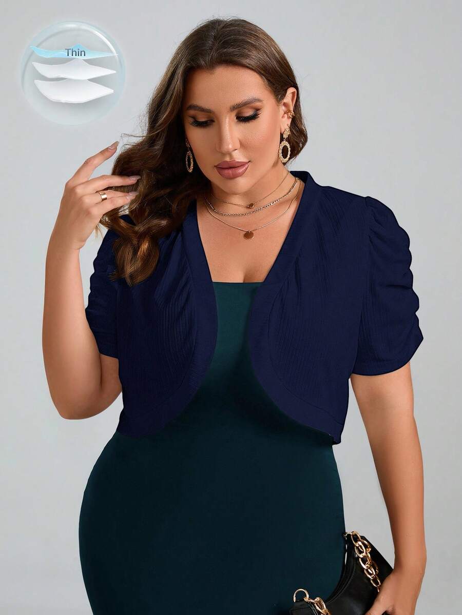 Chikora Chaqueta corta de unicolor con mangas abullonadas y plisadas, talla grande, estilo casual de negocios para mujer - Azul Marino - Ver 1