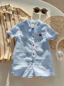 SHEIN 2pcs Newborn Baby Boy Unisex Baby Clothes Cute Summer Casual Knit Striped Polo Collar Short Sleeve Romper 2-Piece Set Suitable For Birthday Party, Rave, Evening Party, Performance, Wedding, Full Moon, Baptism And First Birthday Celebration, Wedding Guest, Baby Shower Christening Outfit Baby Boy - Multicolor - View 7