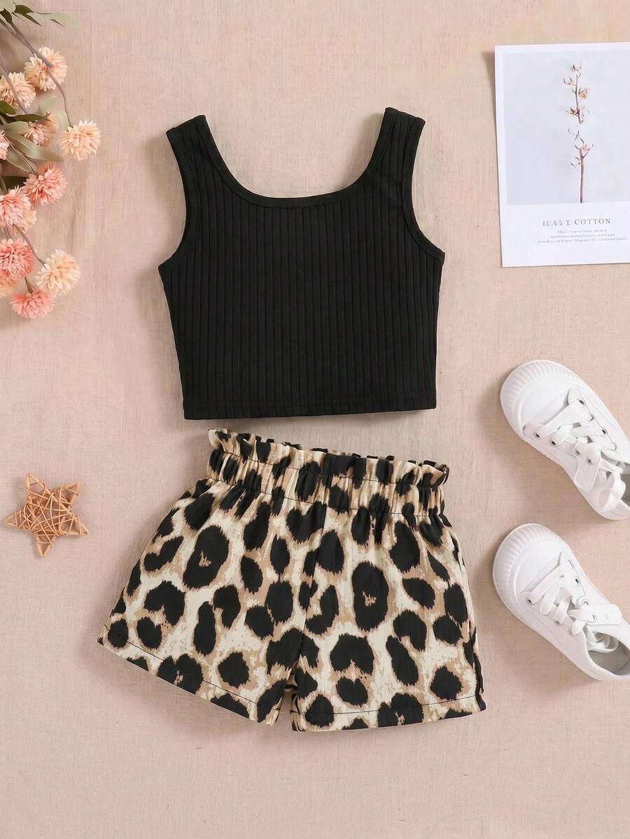 SHEIN 少女休閒日常居家素色無袖背心短褲套裝 - 卡其色 - 查看 1