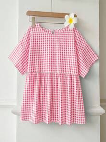 SHEIN EZwear 休閒簡約棉感粉色野餐格紋編織女款襯衫，適合夏季、夏季上衣，適用於日常通勤、約會、聚會、秋冬/夏季、聖誕節、新年、感恩節、派對、婚禮、海灘、畢業典禮、時尚、優雅、休閒、外出、約會、預約、通勤、亮面、情人節 - 粉色 - 查看 5