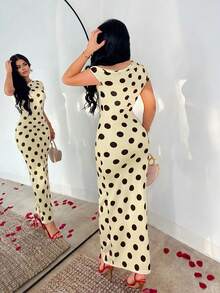 SHEIN SXY 優雅淺黃色女款圓點露肩貼身中長洋裝 - 淡黃色 - 查看 3