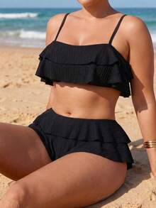 Swim Vcay Plus Size Women's 2-Piece Solid Color Textured Ruffle Trim Bikini Set, Thin Straps With Skirt-Style Swim Bottoms, Double Layer Ruffle Design, Suitable For Beach Vacation, Pool Party, Summer Outings And More - Black - View 1