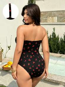 Swim Vcay 2026 New Leopard Print Bandeau Removable Adjustable Shoulder Strap Ruched Front Side Drawstring Waist Cinched Semi-Coverage Hip One-Piece Swimsuit For Women, Simple Elegant Fashion Sexy Beach Vacation - Multicolor - View 2