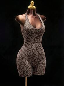 Mistrie Bộ jumpsuit liền thân không đường may họa tiết da báo phong cách casual dã ngoại cho nữ, màu nâu, bodysuit thể thao - Cà phê nâu - Xem 6