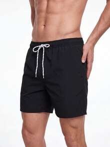 Manfinity KASUA Men's Solid Color Pocket Drawstring Waist Beach Shorts, Suitable For Summer Swimming Shorts For Men - Black - View 6