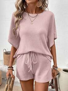 EMERY ROSE Plus Size Women 2 Pieces Set, Solid Color Short Sleeve Top And Shorts Vacation Light Pink Summer Casual Traditional Formal Home Wear - Multicolor - View 5