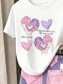 Bộ áo thun in slogan hình trái tim và quần short phối màu tương phản phong cách thường ngày mùa hè cho bé gái - Nhiều màu - Xem 2