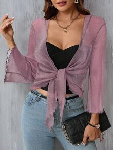 SHEIN Clasi 女款透視繫帶前襟荷葉邊袖短版外套 - 淺灰紫 - 查看 4