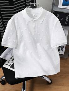 SHEIN 青少年男孩休閒校園星形圖案羅紋領半拉鍊寬鬆針織 Polo 衫，舒適質感，適合學校、花園、海灘、生日，春/夏/秋/冬日 - 白色 - 查看 3