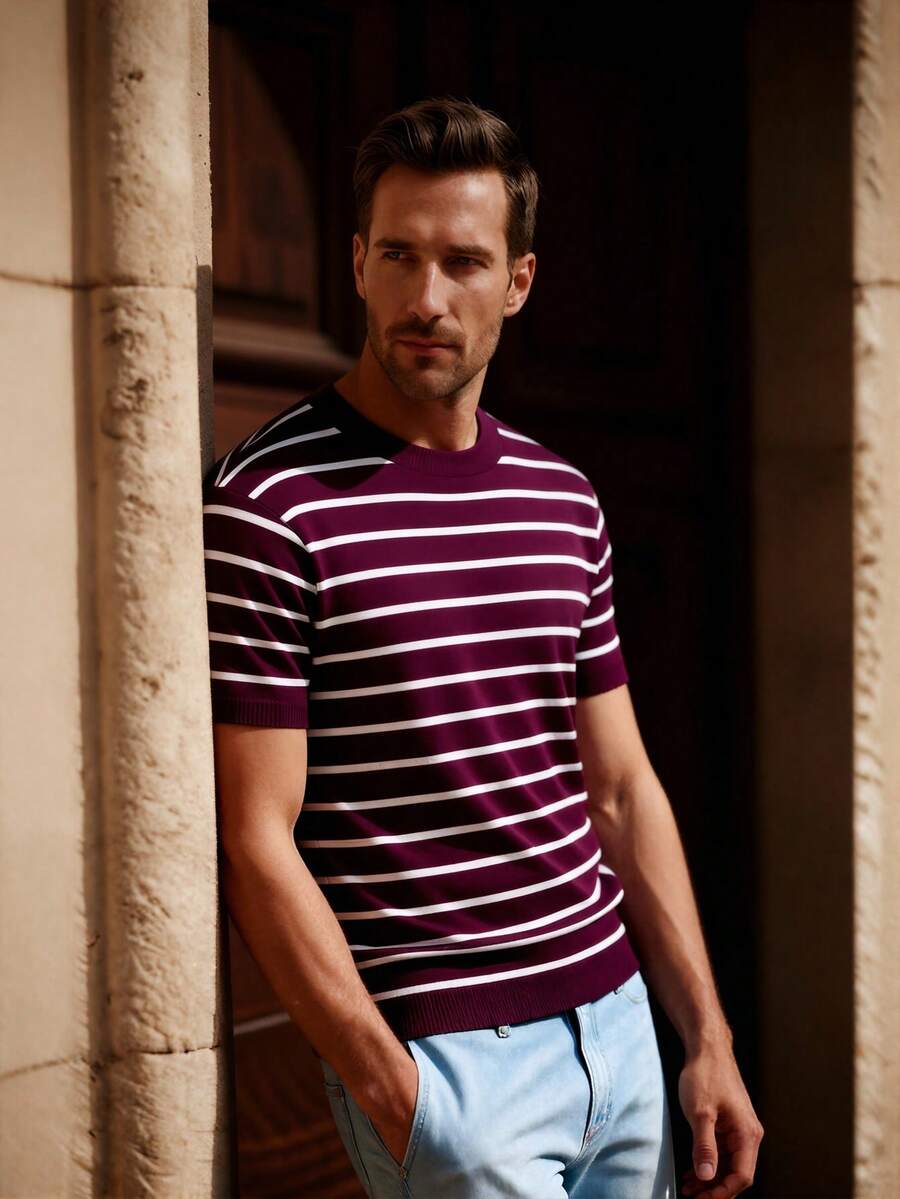 Officeau Loose Lightweight Striped Knit Crew Neck Short Sleeve T-Shirt, Casual Business Slim Fit Men's Summer Cool Tee - Red Violet - View 1