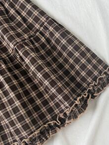 SHEIN Bộ 2 món áo camisole dệt jacquard vân nổi phối gấu bèo và chân váy skort dáng chữ A xếp tầng cho bé gái tuổi teen, trang phục thường ngày phong cách vintage đi chơi và du lịch mùa xuân hè - Màu Khaki - Xem 10