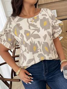 Weeklong Plus Size Women's Spring/Summer Ruffle Petal Sleeve Striped Print Casual Vacation Shirt - Multicolor - View 4