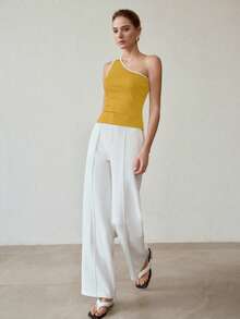 MOTF PREMIUM WOMEN'S SUMMER CASUAL VACATION CONTRAST TRIM ONE SHOULDER FITTED TOP - Ginger - View 6