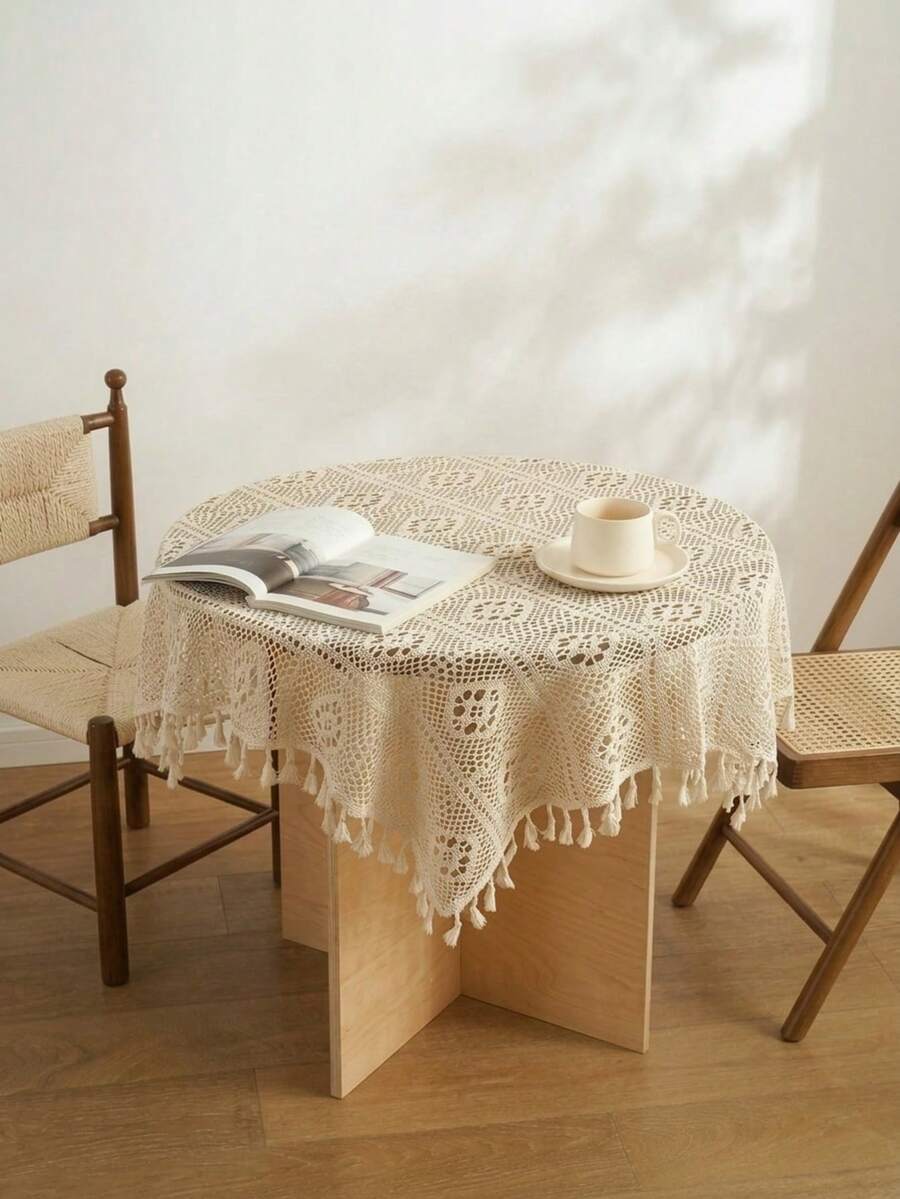 Cirelle 1pc Boho Crochet Round Tablecloth, Vintage Knit Hollow Out Table Cover With Tassels, Rustic Macrame Tablecloth For Dining Room, Kitchen, Cafe Decor - Beige - View 1