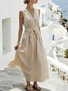 Breezaya Đầm không tay cổ chữ V thắt eo bằng vải lanh Pháp - Màu Khaki - Xem 4