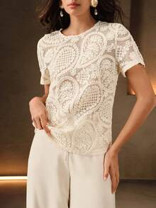 Anewsta 春夏季高級杏色水溶蕾絲女款短袖休閒上衣，重工刺繡 - 杏色 - 查看 4