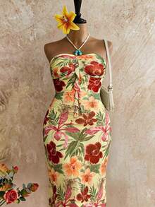 Firerie Plus Size Women Floral Print Ruffle Trim Bodycon Halter Dress Casual Vacation Dress For Women Flower Prints For Women - Multicolor - View 8