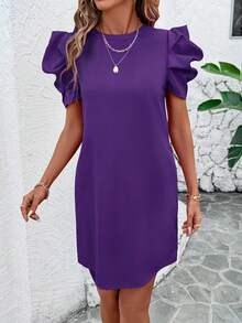 SHEIN Clasi Women's Solid Color Round Neck Short Puff Sleeve Casual Short Dress - Purple - View 6