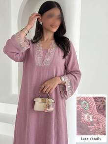 Yasmyna Robe élégante à col en V 2 en 1 avec patchwork de dentelle et manches évasées, printemps/été - Rose bonbon - Voir 2