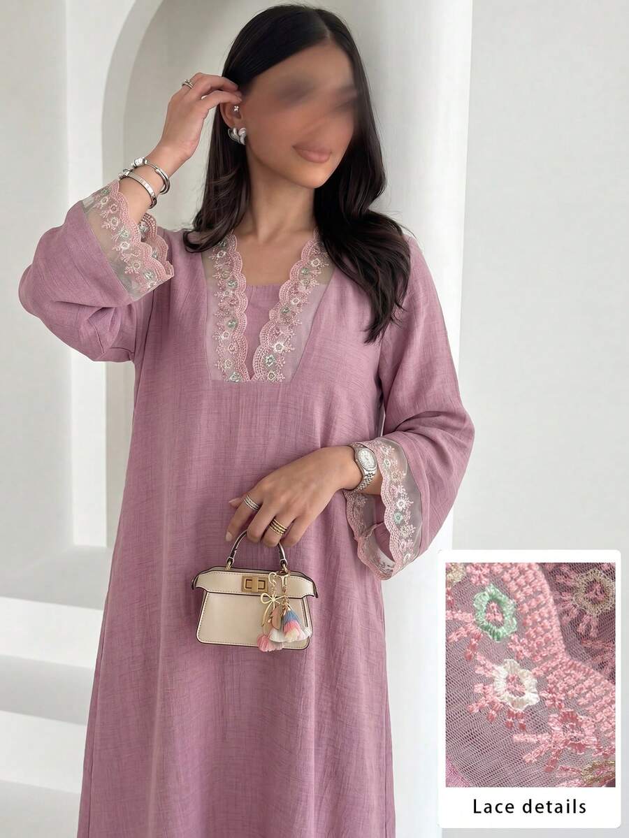 Yasmyna Robe élégante à col en V 2 en 1 avec patchwork de dentelle et manches évasées, printemps/été