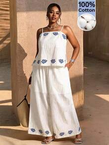 Elaquor Plus Size Minimalist Print Camisole Top And Pants 2 Pieces Set Casual Two Piece Set For Women Flower Print Sets Boho Style Two Pieces Set For Women - White - View 6