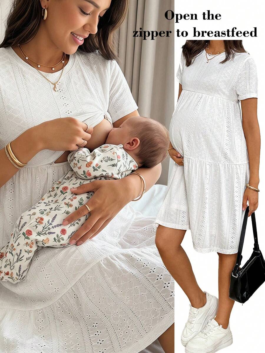 SHEIN Maternity Casual Solid Color Nursing Dress For Summer World Cup - White - View 1