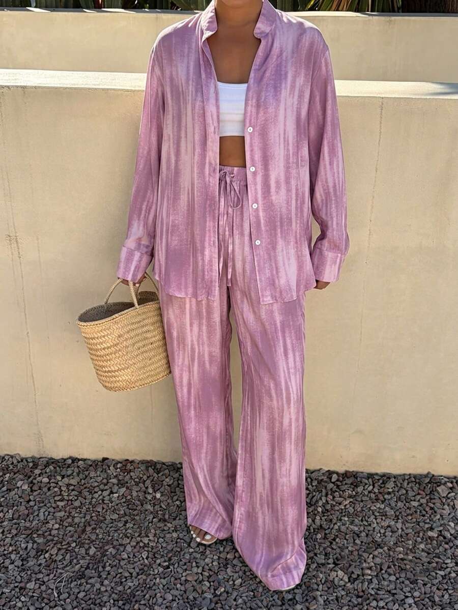 Livesso 2pcs Women's Spring Vacation Tie-Dye Collar Shirt And Casual Pants Set - Pink - View 1