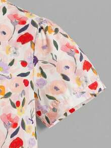 Divinelle Casual Minimalist Style Pink Floral Watercolor Handpainted Allover Print Women Shirt, Suitable For Spring/Summer - Multicolor - View 5