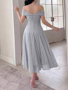 Feyla Women's Solid Color Pleated Off Shoulder Elegant Party Dress - Gray Blue - View 8