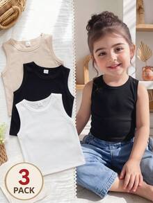 SHEIN Vintaside Kids 3件套少女百搭黑色、白色、卡其色弹力吊带背心，适合日常休闲、度假、夏季穿着 - 彩色 - 查看 1