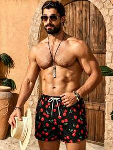 Azuldrift Men's Beach Summer Cherry Print Drawstring Shorts Holiday / Vacation / Beach / Hawaii / Tropical / Swim /  Bathing - Black - View 5