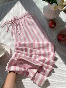 SHEIN EZwear 女士粉色抽绳休闲宽松条纹裤，百搭 - 粉色 - 查看 7