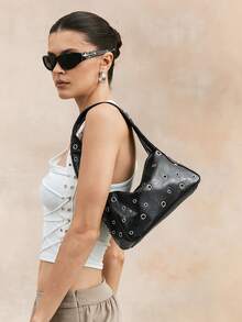 Viva Strut Ladies, Women Shoulder Bag, Hobo Bag, Black, Faux Leather, Fashionable, Personalized, Simple, Versatile, Street, Sweet And Cool Girls, Hot Girls, Y2k, Retro, Rivets, Vintage, For Commute, Office, Date, Daily, Shopping, School - Pure black - View 7
