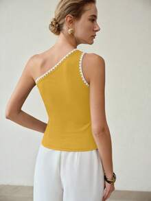 MOTF PREMIUM WOMEN'S SUMMER CASUAL VACATION CONTRAST TRIM ONE SHOULDER FITTED TOP - Ginger - View 2