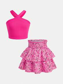 SHEIN Tween Girls Solid Color Striped Cross-Neck Top And Floral High-Waist Cake Skirt Two Pieces Set, Vacation, Suitable For Spring Vacation, Music Festival, Back To School, Party Lunch Cute And Interesting Garden Afternoon Tea - Multicolor - View 5