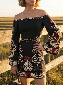 CAJUNI Vestido mini de fiesta con estampado floral, hombros descubiertos y diseño calado para mujer - Multicolor - Ver 6