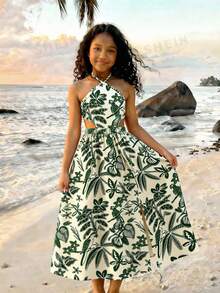 Sparklyn Tween Girl All-Over Print Slit Halter Casual Vacation Sleeveless Dress - Green - View 3