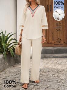 EMERY ROSE Women's Summer Long Sleeve Shirt And Wide Leg Pants Set Vacation Off-White Casual - Apricot - View 3