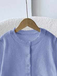 SHEIN Tween Girl Tween Girls' Loose Casual Minimalist Comfortable Round Neck Open Front Solid Color Sweater Autumn Winter Clothes For Girl - Blue - View 5