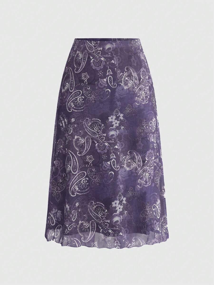 ROMWE Fairycore Falda acampanada de mujer talla grande con estampado de malla de estilo bohemio - Morado - Ver 1